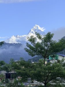 Snow-covered Machapuchare (Fishtail) above clouds, with green hills and rooftops in Pokhara, Nepal.