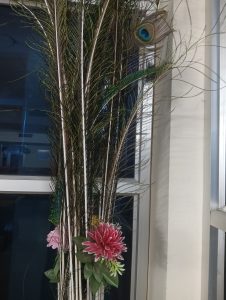 Peacock feathers and pink artificial flowers with green leaves arranged near a window.