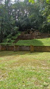 Old concrete structures and steps covered with moss and surrounded by dense tropical forest.
