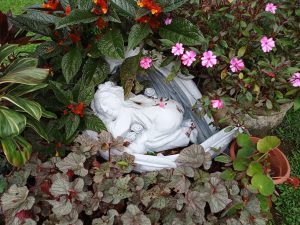 A white garden statue of a sleeping winged cherub resting nestled within a bed of flowering pink impatiens and textured foliage plants.
