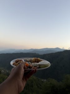 A hand holding a plate of rice, vegetables, and lemon slices against a scenic backdrop of green mountains at sunset.