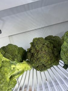 A close-up view of fresh broccoli arranged in a refrigerator. The broccoli features a vibrant green color with a textured surface made up of small florets.
