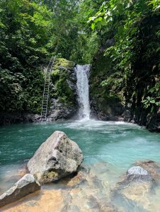 A waterfall with stairs on a side, blue water, rocks and plants and trees