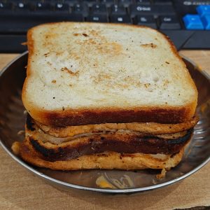 Toasted sandwich with golden-brown bread and crispy filling on a steel plate.
