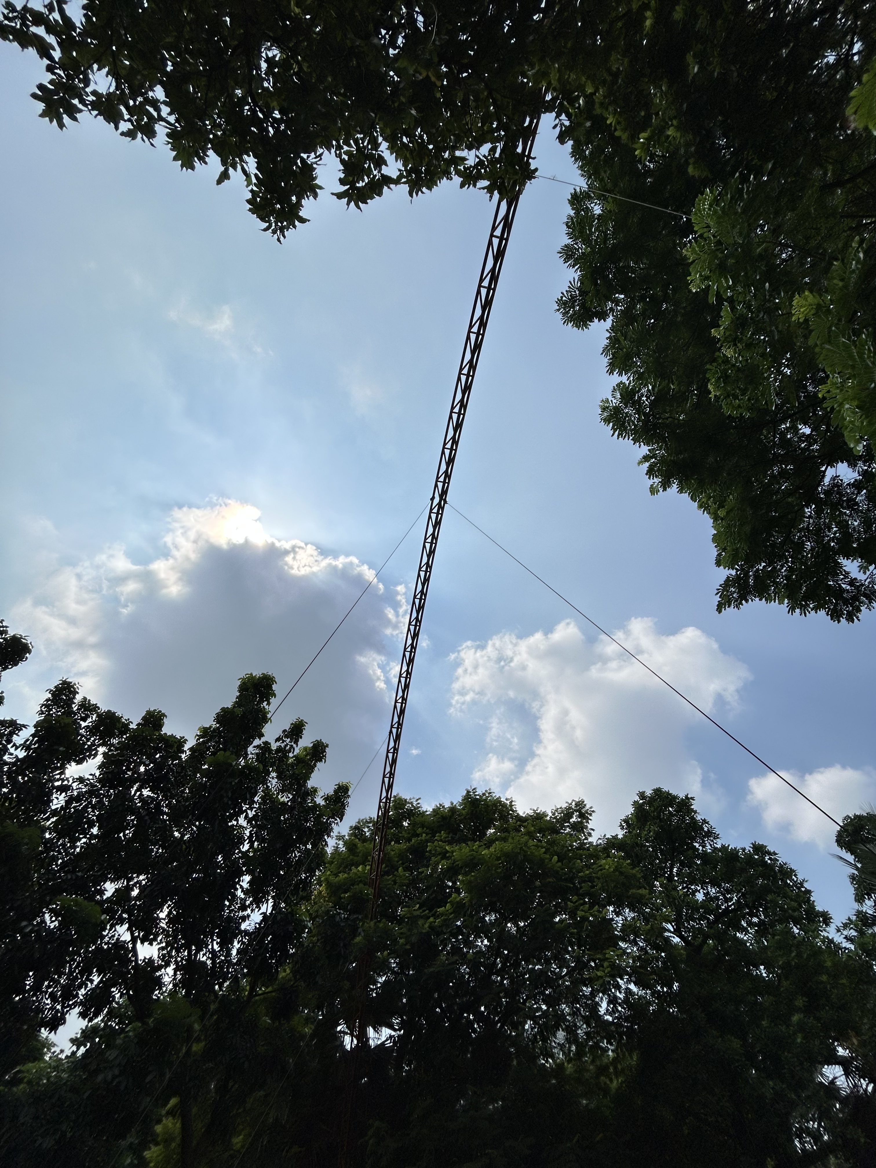 A tall pole with wires surrounded by green trees under a blue sky with white clouds.