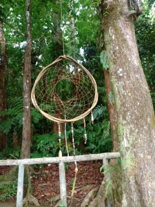 A rustic handmade dreamcatcher with a bent branch hoop, red web threading, and hanging beaded tassels suspended between forest trees.